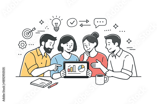 Collaborative Office Planning. Office teamwork planning. Colleagues gathered around a tablet with charts and simple icons. Organized workflow and shared