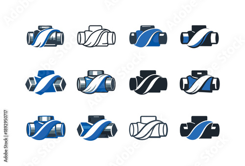 Teflon Tape Logo Variations. Teflon tape roll on pipe. Icon set. Set Logo of Teflon tape roll on pipe: tape roll and pipe fitting. harmonious logo variations