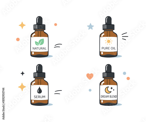 Minimalist Wellness Bottles. Wellness bottle flat lay. Amber glass bottles with dropper caps and minimalist labels shown in a soft editorial overhead view,