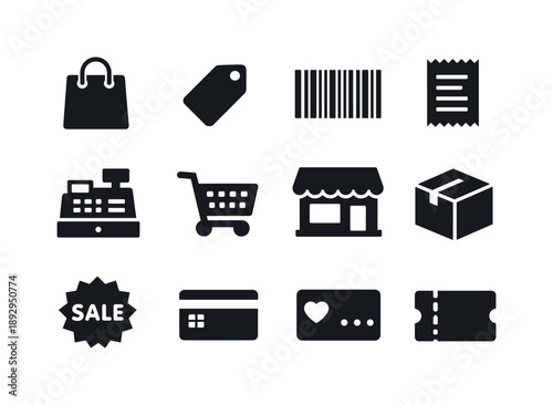 Retail Icons Set. Business-to-consumer (B2C) retail marketing. Solid icon set of retail basics: shopping bag, price tag, barcode, receipt, cash register,