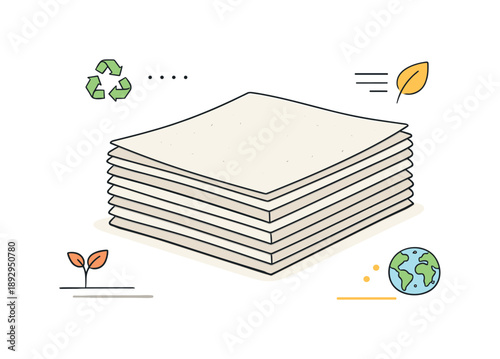 Minimal Recycled Paper Design. Minimal recycled paper stack. Several sheets of recycled paper neatly aligned, natural tone accents suggesting reuse. Calm
