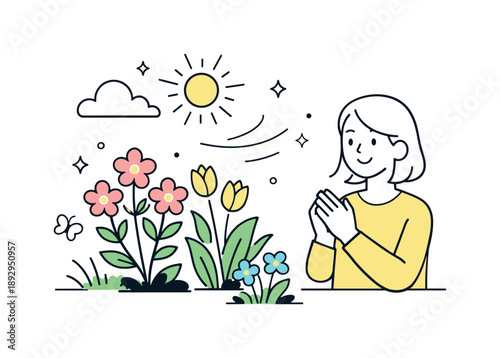 Spring's Fresh Renewal. Spring freshness and positivity. A clean scene showing blooming plants and gentle sunlight, symbolizing new beginnings and positive