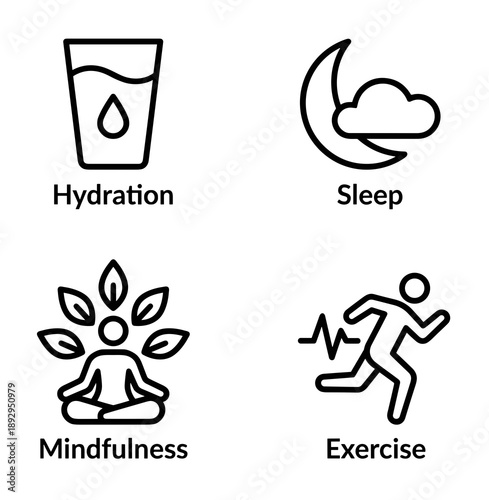 Collection of four black line icons showing essential daily habits including drinking water resting meditating and physical activity for a balanced healthy life
