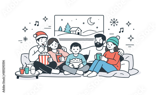 Cozy Movie Night. Holiday movie night together. Family or friends gathered in front of a screen with popcorn and drinks, leaning comfortably. Togetherness and