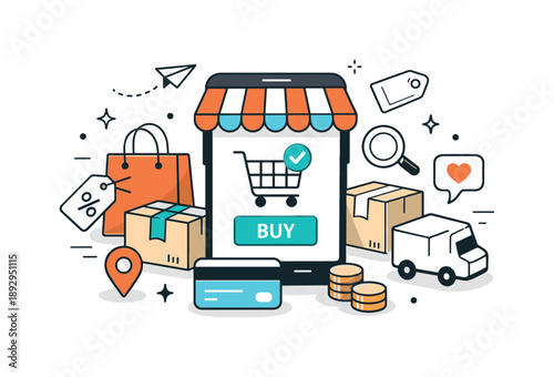 Mobile Commerce Universe. Online store in pocket. A smartphone surrounded by product boxes, tags, and delivery icons, symbolizing mobile commerce ecosystem.