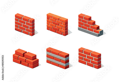 Masonry Wall Icons Grid. Masonry wall. Isometric flat vector icons set of masonry wall: brick wall close-up, textured brick wall, partially constructed wall,