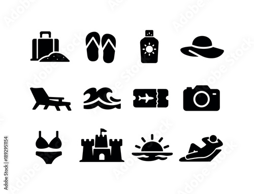 Beach Vacation Icons. Beach vacation. Solid icon set of Beach vacation: suitcase on sand, flip flops, sunscreen bottle, travel hat, beach chair, ocean waves,