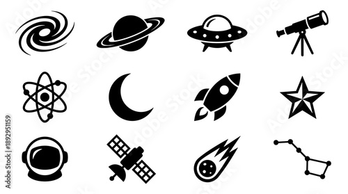 Collection of black flat icons representing outer space science including astronaut helmet galaxy ufo comet and constellation for educational or creative design projects