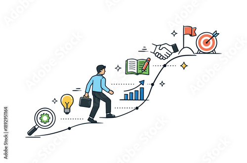 Steady Career Growth. Career development. Person moving upward along a simple path with icons of skills and goals. Sense of steady progress and long-term