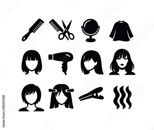 Haircut Icons Grid. Cutting bangs illustration beauty. Solid icon set of Cutting bangs illustration beauty: hairbrush, styling tools, beauty mirror, salon