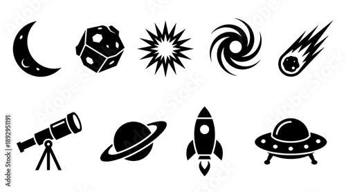 Collection of black silhouette astronomy icons including a rocket ufo telescope and various celestial bodies like planets stars and comets for graphic design