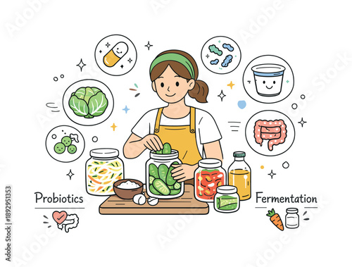 Fermented Kitchen Essentials. Fermentation and probiotics in food. Person preparing fermented foods like jars of vegetables, calm kitchen routine focused on