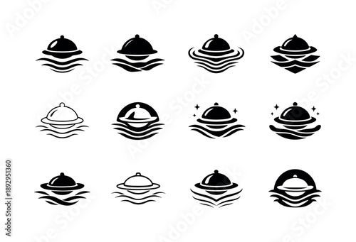 Immersive Dining Icons. Food as an experience and immersive dining. Icon set. Set Logo of food as an experience and immersive dining: floating dishes and