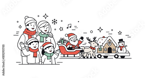 Family Christmas Parade. Family watching Christmas parade. Parents and children standing together and smiling as festive floats pass by, warm holiday mood and