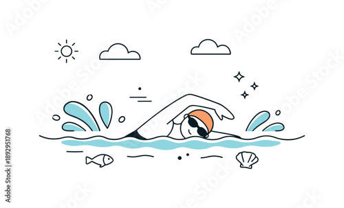 Serene Sea Swimming. Sea swimming lifestyle. A minimal scene showing a swimmer in calm seawater, with abstract splashes and soft clouds above. The illustration