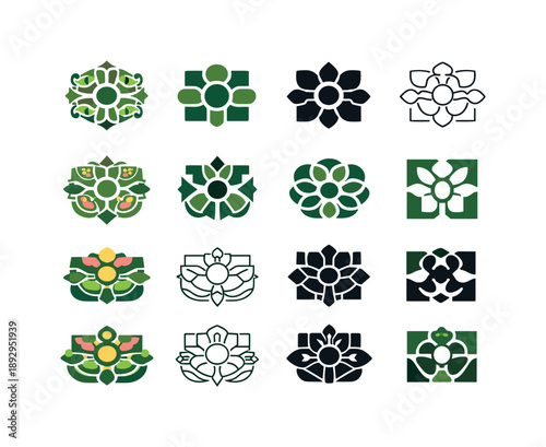 Palatial Garden Logo Variations. Palatial gardens. Icon set. Set Logo of Palatial gardens: flower bed layout. harmonious logo variations of the same emblematic