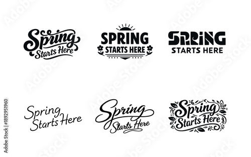 Spring Lettering Variations. Spring Starts Here. Set lettering. harmonious lettering variations of the same emblematic concept, each with different artistic