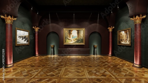 3d interior of old museum art gallery. Artworks in a bright, spacious gallery. 3d illustration.