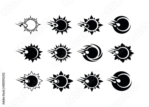 Astronomical Icon Set. Astronomical events like solar eclipses and meteor showers. Icon set. Set Logo of astronomical events like solar eclipses and meteor
