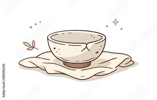 Wabi Sabi Simplicity. Wabi sabi home objects. A small ceramic bowl with visible imperfections placed on a soft linen surface, expressing natural beauty,