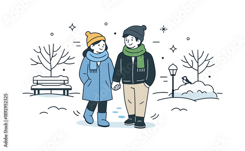 Winter Park Stroll. Winter snow fun illustration. A couple walking slowly through a snowy park, holding hands and wrapped in scarves. Peaceful winter outing,