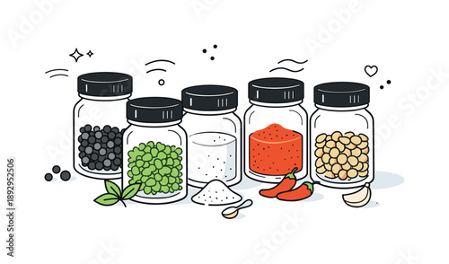 Minimalist Spice Jars. Neutral spice jar collection. A few spice jars slightly staggered, showing different contents with soft color hints. Everyday cooking