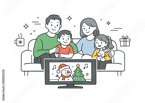 Family Holiday Viewing. Group watching holiday TV special family time. Parents and kids sitting close together, smiling at a cheerful scene on TV. Bonding