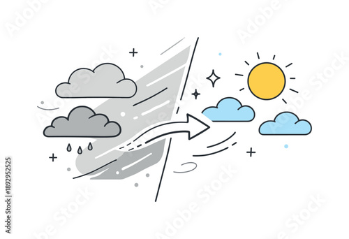 Tranquil Sky Transformation. Changing skies illustration. Minimal sky scene transitioning from soft grey clouds to clear blue openness, symbolizing calm