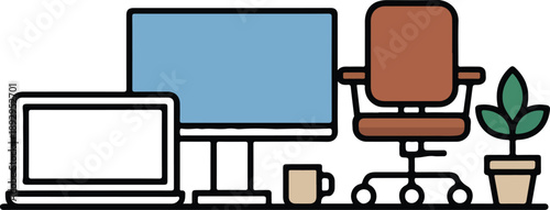 Clean vector illustration of a home office workspace featuring laptop computer monitor chair and houseplant