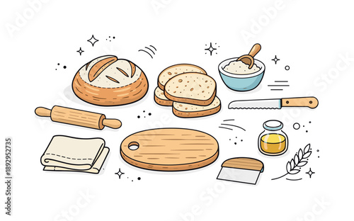 Artisan Bread Still Life. Artisan bread still life props. Sourdough loaf, bread slices, and simple baking tools placed neatly, expressing handmade food and