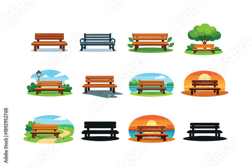 Colorful Bench Icons. Empty bench. Colorful flat vector icons set of Empty bench: park bench, wooden bench, metal bench, bench with leaves, bench under tree,