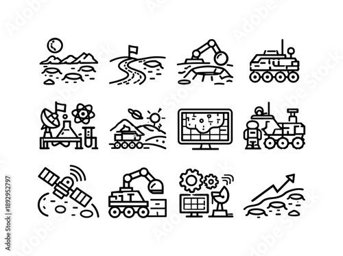 Lunar Rover Icons. Lunar rover exploration. Line icon set of Lunar rover exploration: moon landscape, rover path, crater research, space exploration vehicle,