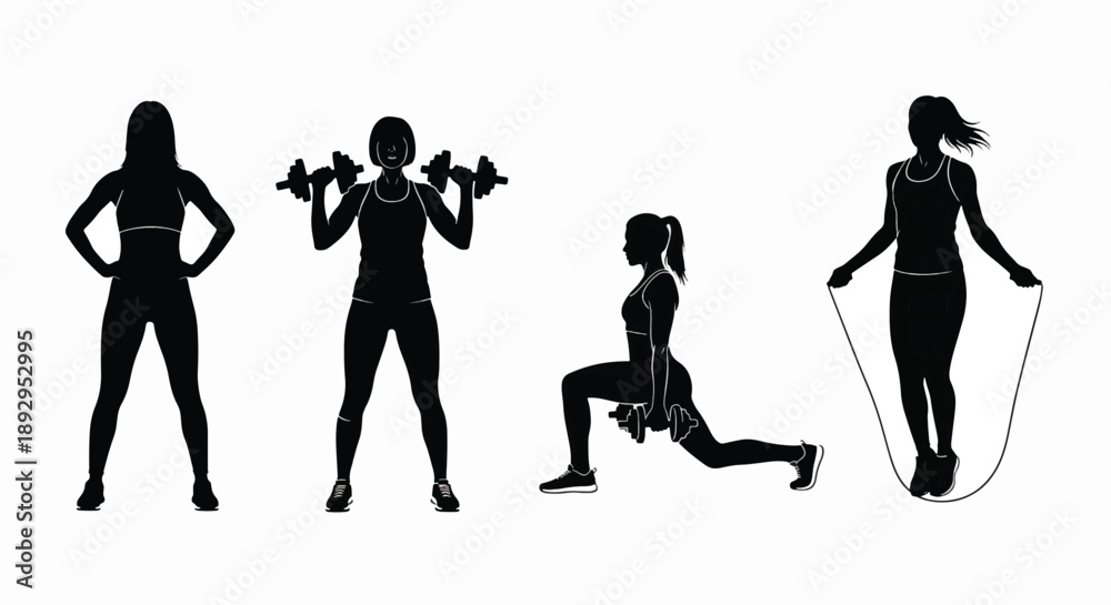 Obraz premium Silhouettes of women exercising with weights and jump rope