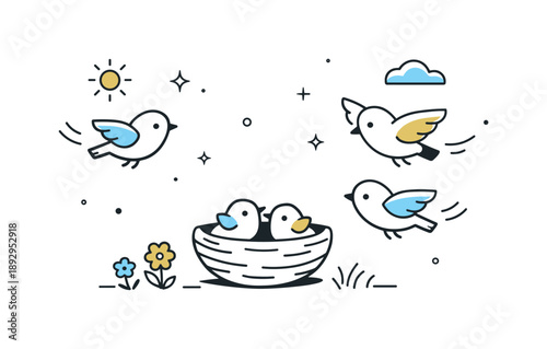 Birds Returning Home. Birds returning home illustration. Minimal birds gently descending with light motion lines, expressing warmth, safety, and spring