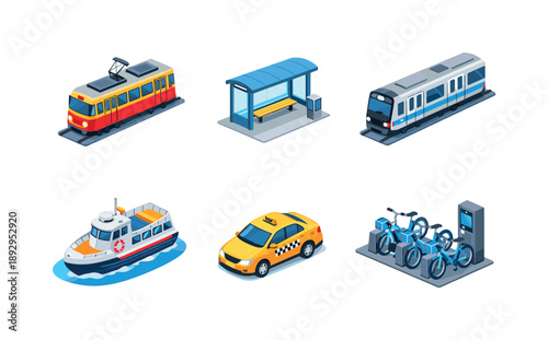 Public Transport Icons. Public transport. Isometric flat vector icons set of public transport: tram car, bus stop with shelter, metro train, commuter ferry,