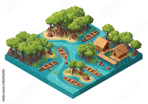 Isometric 3D view illustration of a tropical mangrove coastline with waterways, trees, boats, and huts, eco vector scenery for nature conservation themes