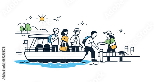 Boat Trip Arrival. People on a boat trip arrival. Boat approaching a dock or shoreline, passengers standing and preparing to disembark. Completion of the