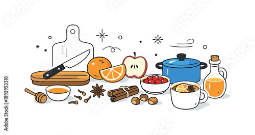 Winter Kitchen Still Life. Seasonal winter food still life. Assorted fruits, spices, and kitchen tools arranged in a clean editorial layout. Calm preparation