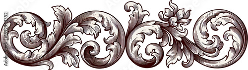 Symmetrical Rococo Scroll Ornament with Floral Engraving