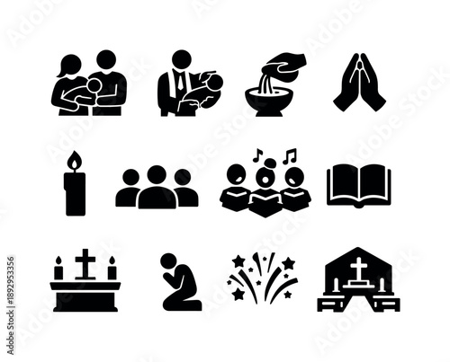 Baptism Ceremony Icons. Baptism ceremony. Solid icon set of baptism ceremony: parents holding child, pastor blessing, water pouring, prayer moment, lit candle,