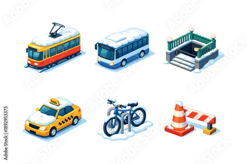 Winter Transport Icons. Winter transport. Isometric flat vector icons set of Winter transport: tram with snow roof, city bus in winter, subway entrance with