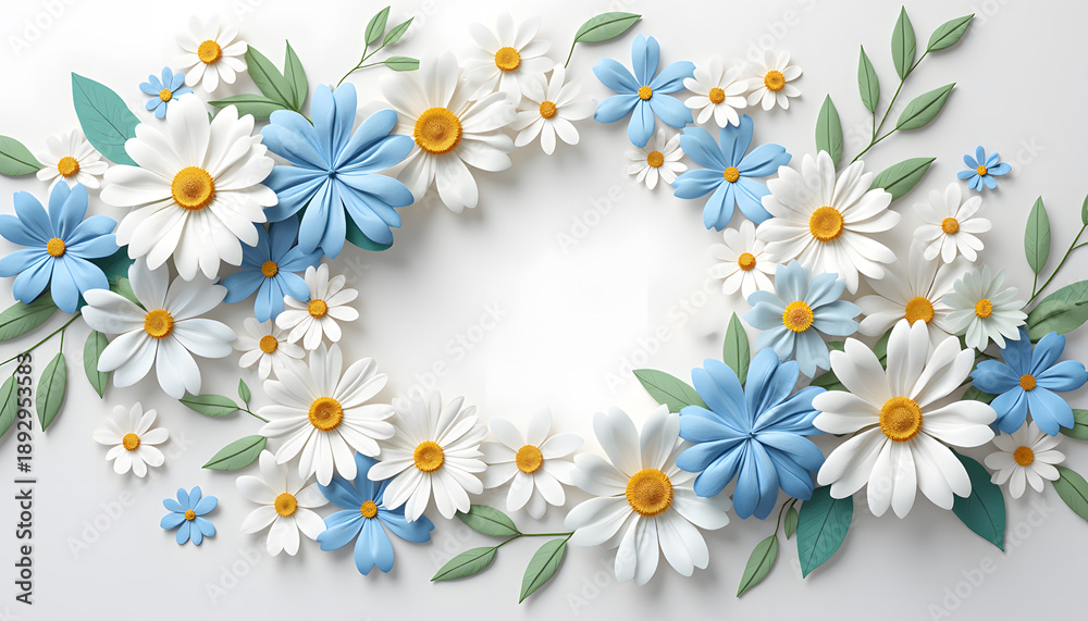 Obraz premium Floral wreath of blue and white daisies with green leaves on white background