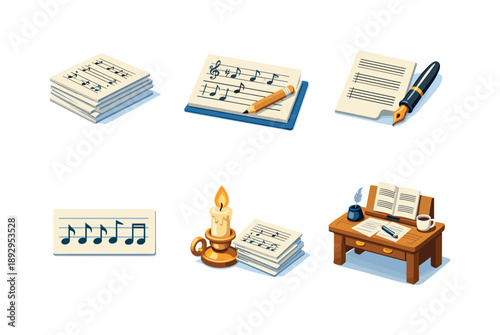 Composer's Creative Desk. Composer?s Desk. Isometric flat vector icons set of Composer?s Desk: stacked drafts of sheet music, in-progress music score, ink pen