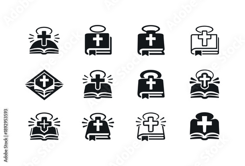 Theology Book Logos. theology books. Icon set. Set Logo of theology books: closed holy book with emblem. harmonious logo variations of the same emblematic