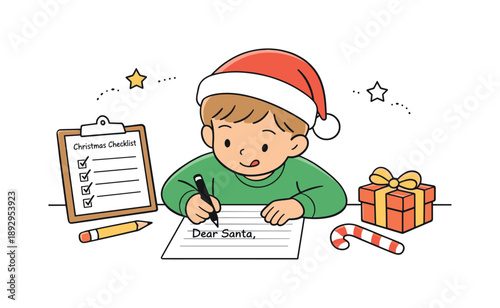 Child's Letter to Santa. Writing letter to Santa process. Child carefully writing lines on paper with a checklist nearby, focused attention and calm festive
