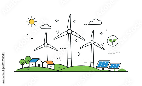 Wind Energy Future. Sustainable energy concept. Wind turbines placed in an open field, symbolizing eco-friendly infrastructure. Clean and optimistic future