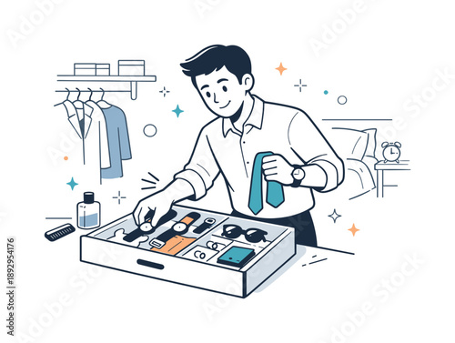 Morning Accessory Selection. Morning routine efficiency. A person quickly choosing accessories from an organized drawer, confident start of the day and reduced