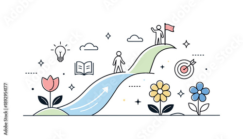 Optimistic Growth Path. Positive growth journey. Abstract spring flowers and upward paths forming a calm, balanced composition. The mood highlights optimism,