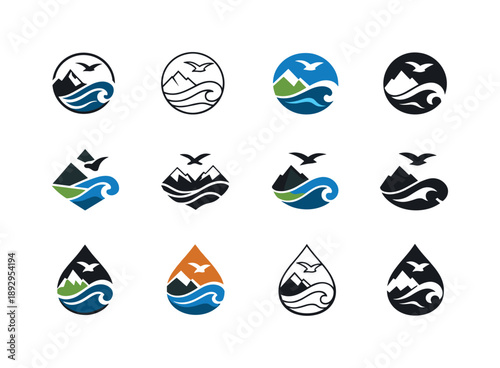 Ecosystem Balance Icons. Ecosystem balance. Icon set. Set Logo of Ecosystem balance: water, land, and air symbols in harmony. harmonious logo variations of the
