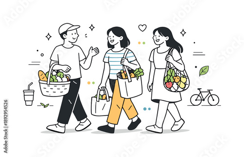 Eco-Friendly Grocery Shopping. People shopping without plastic. Friends walking home from a store with baskets and tote bags filled with groceries. Light